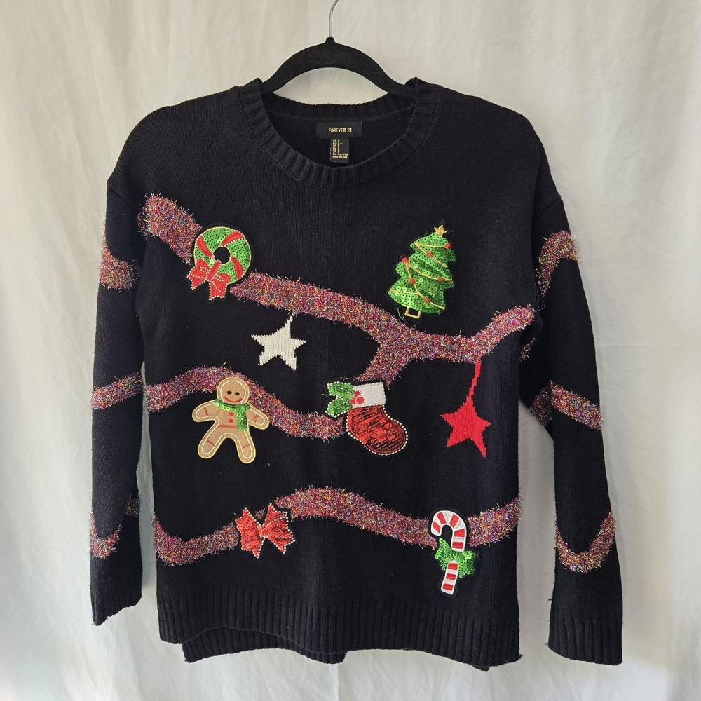 Forever 21 Ugly Christmas Sweater Womens Small Black Garland Sequins Embroidered